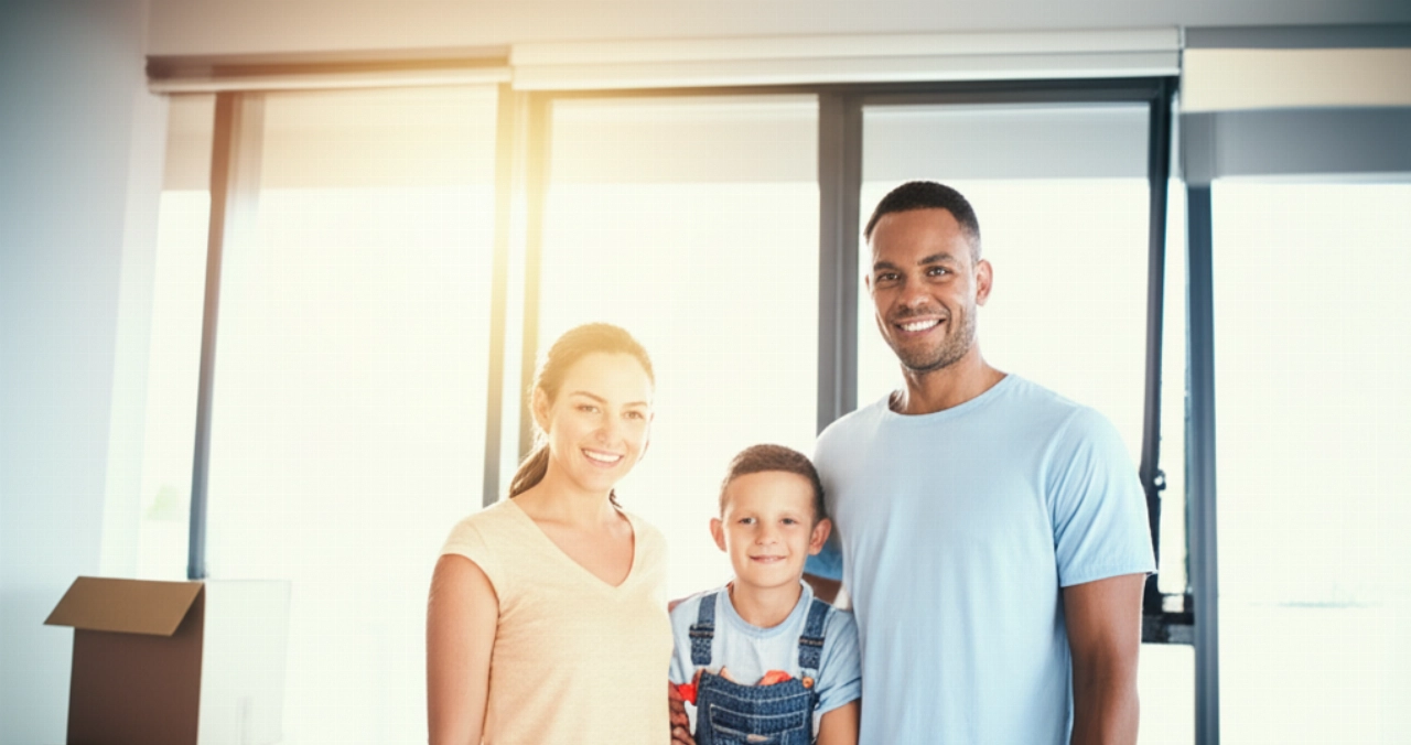 Glückliche kaukasische Familie in einem hellen neuen Wohnzimmer mit Kartons, die einen Neuanfang symbolisieren.