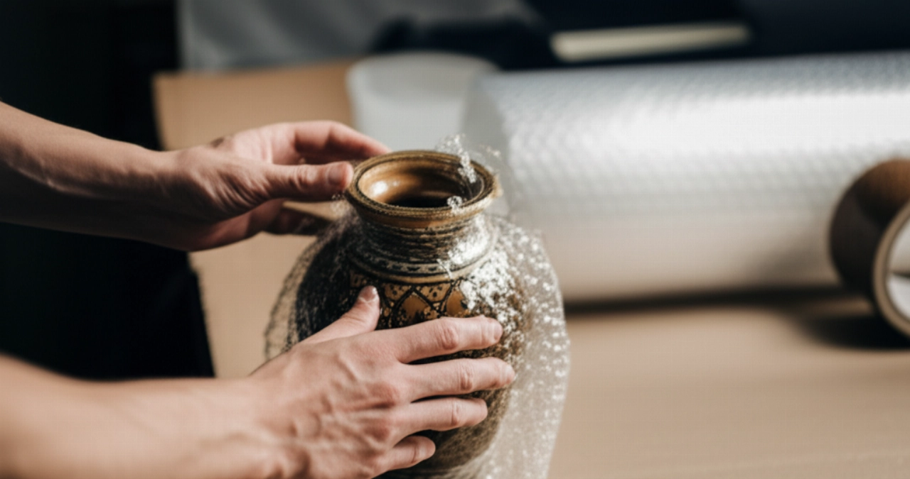 Professionelle kaukasische Hände, die eine zerbrechliche Vase sorgfältig mit Luftpolsterfolie umwickeln, um den Schutz zu betonen.