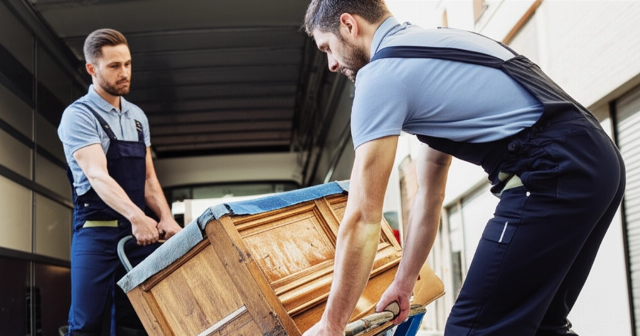Zwei professionelle kaukasische Umzugshelfer laden vorsichtig eine antike Truhe auf einen gepolsterten Rollwagen in Richtung eines Umzugswagens.