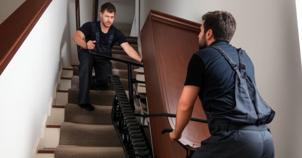 Zwei erfahrene kaukasische Umzugshelfer bringen vorsichtig ein aufrechtes Klavier eine Treppe hinunter, unter Verwendung eines spezialisierten Raupenwagens für den Klaviertransport.