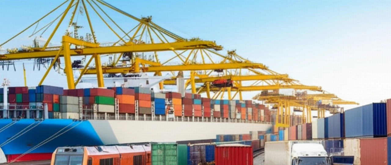 Intermodale Transportszene mit Containerschiff, Güterzug und LKW in einem modernen Hafen, die die Komplexität der globalen Logistik darstellt.