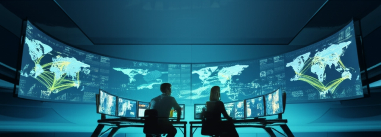 Innenansicht eines futuristischen Logistik-Kontrollzentrums mit kaukasischen Fachkräften, die globale Versandrouten auf Bildschirmen überwachen, was intelligentes Transportmanagement symbolisiert.