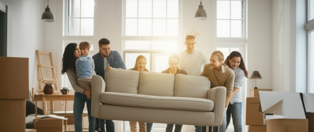 Eine Gruppe lächelnder kaukasischer Freunde oder Familienmitglieder, die energisch zusammenarbeiten, um ein Sofa in ein neues, geräumiges, lichtdurchflutetes Wohnzimmer zu tragen.