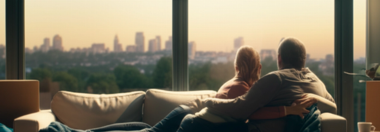 Eine entspannte kaukasische Person (oder ein Paar) auf einem teilweise ausgepackten Sofa in ihrem neuen Zuhause, die den Blick aus dem Fenster bei Sonnenuntergang genießt, mit einem Gefühl der Ruhe und Erfüllung.