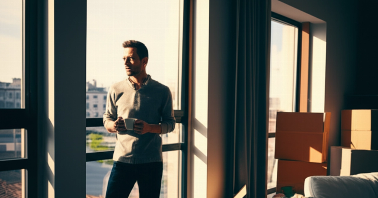 Kaukasischer Mann mit einer Tasse Kaffee, schaut aus dem Fenster seiner neuen Wohnung, mit teilweise geöffneten Umzugskartons.