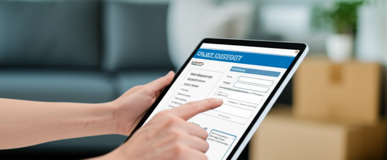Kaukasische Hände interagieren mit einem Tablet oder Laptop, das ein Online-Formular zur Wohnsitzänderung anzeigt.