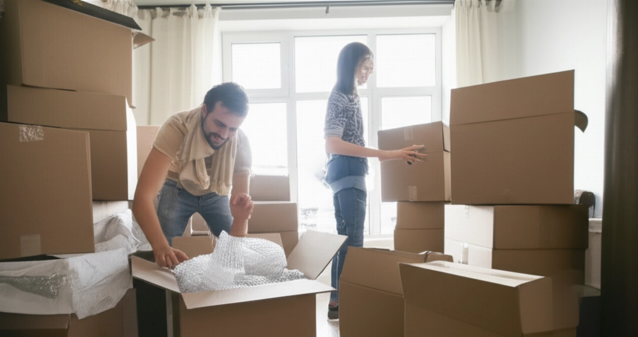Ein lächelndes kaukasisches Paar packt Umzugskartons in einer geräumigen, leeren Wohnung ein oder aus.