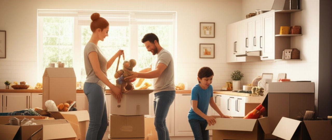 Kaukasische Familie packt glücklich Kartons in ihrem neuen hellen Wohnzimmer aus.
