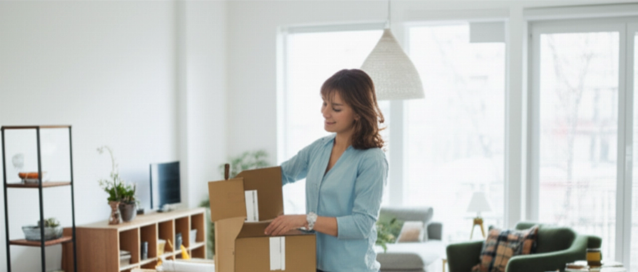 Eine kaukasische Frau packt strategisch einen beschrifteten Karton in einem hellen, neu eingerichteten Wohnzimmer aus und zeigt die letzte Phase eines intelligenten und stressfreien Umzugs.