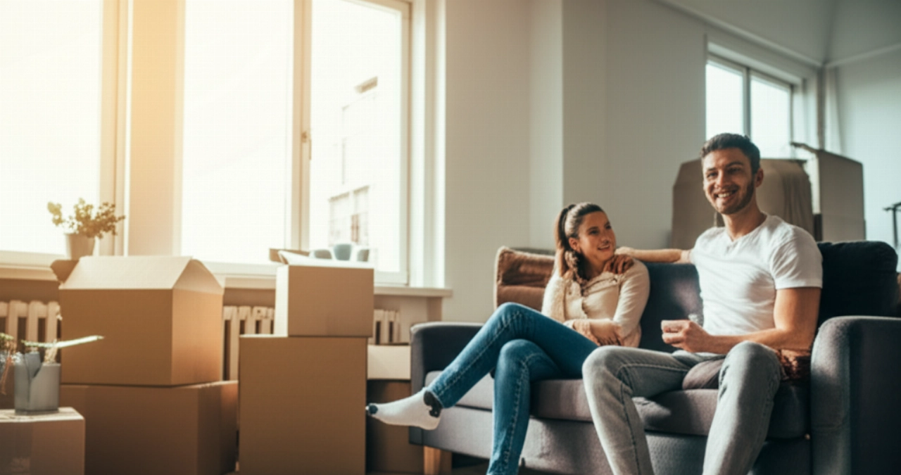 Ein kaukasisches Paar entspannt sich auf einem Sofa in ihrem neuen Wohnzimmer, umgeben von Kartons, aber mit einem Gefühl von Frieden und Zufriedenheit nach dem Umzug.