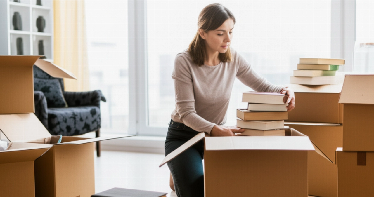 Eine kaukasische Frau in einem hellen Wohnzimmer, kniend neben einer offenen Umzugskiste, die sorgfältig einen Stapel Bücher ordnet.
