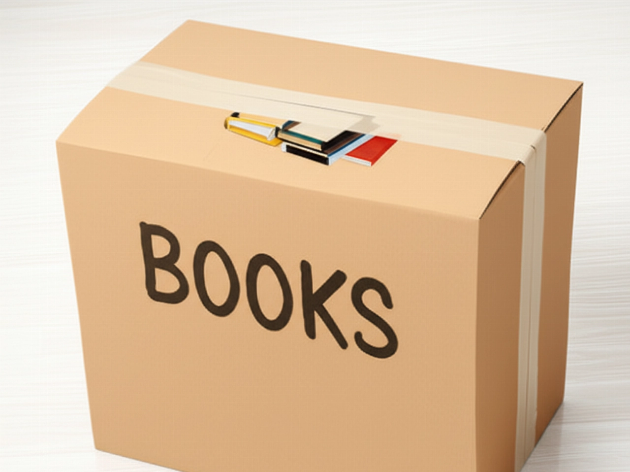 Eine stabile braune Kartonschachtel, perfekt versiegelt und mit 'BÜCHER' beschriftet, gefüllt mit Bänden, bereit zum Transport.