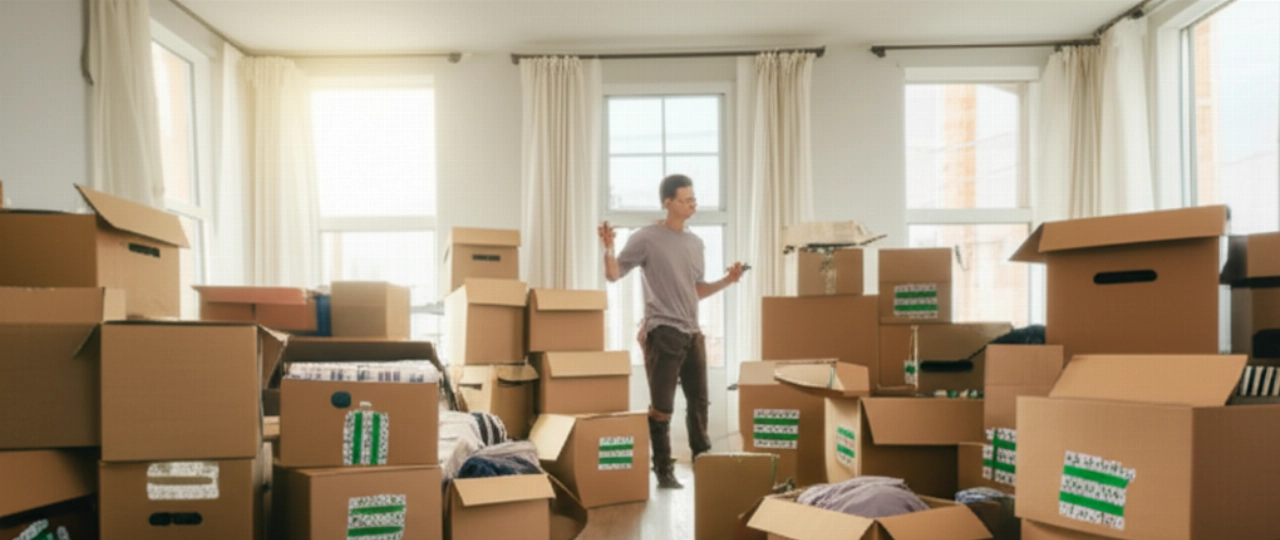 Ein Wohnzimmer voller gestapelter und beschrifteter Umzugskartons, mit einem kaukasischen Mann, der zufrieden die Organisation seiner Verpackung betrachtet.