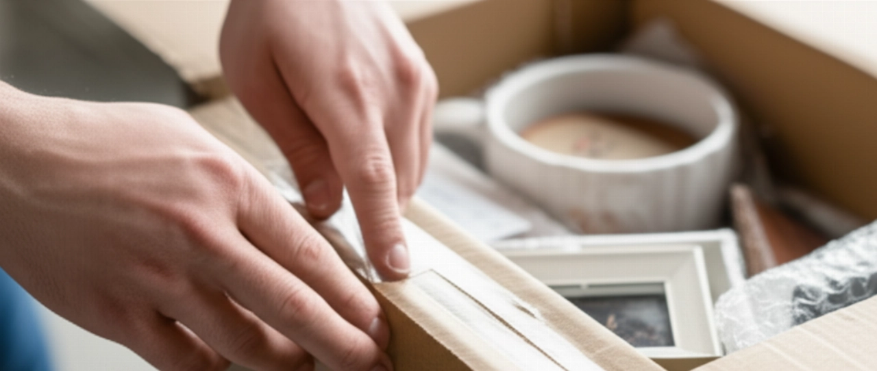Nahaufnahme der Hände einer kaukasischen Person, die einen Umzugskarton voller sorgfältig verpackter zerbrechlicher Gegenstände mit Klebeband versiegelt.