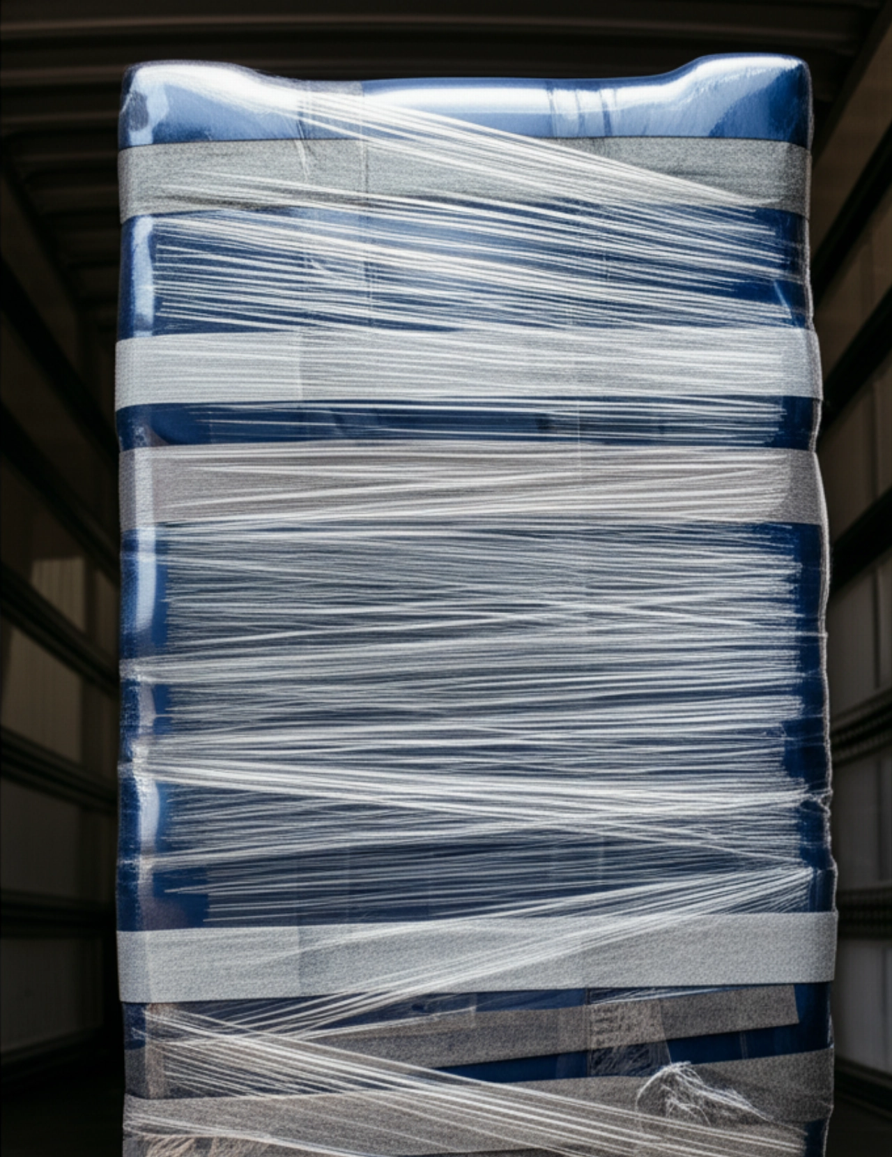 Dunkelblaues Sofa, vollständig mit Schutzfolie und Decken verpackt, bereit für den Transport.