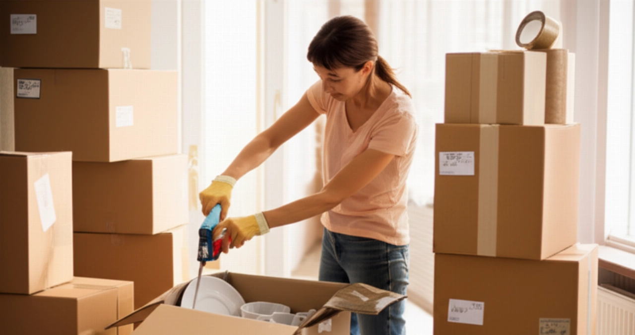 Kaukasische Person, die eine mit Tellern gefüllte Kiste versiegelt, mit anderen verpackten Kisten ringsum.