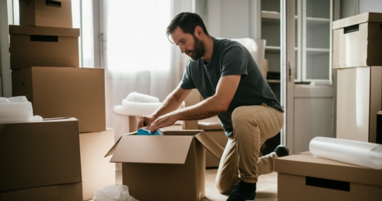 Kaukasischer Mann packt einen Karton in einem Wohnzimmer, mit weiteren Kartons und Verpackungsmaterial um ihn herum.