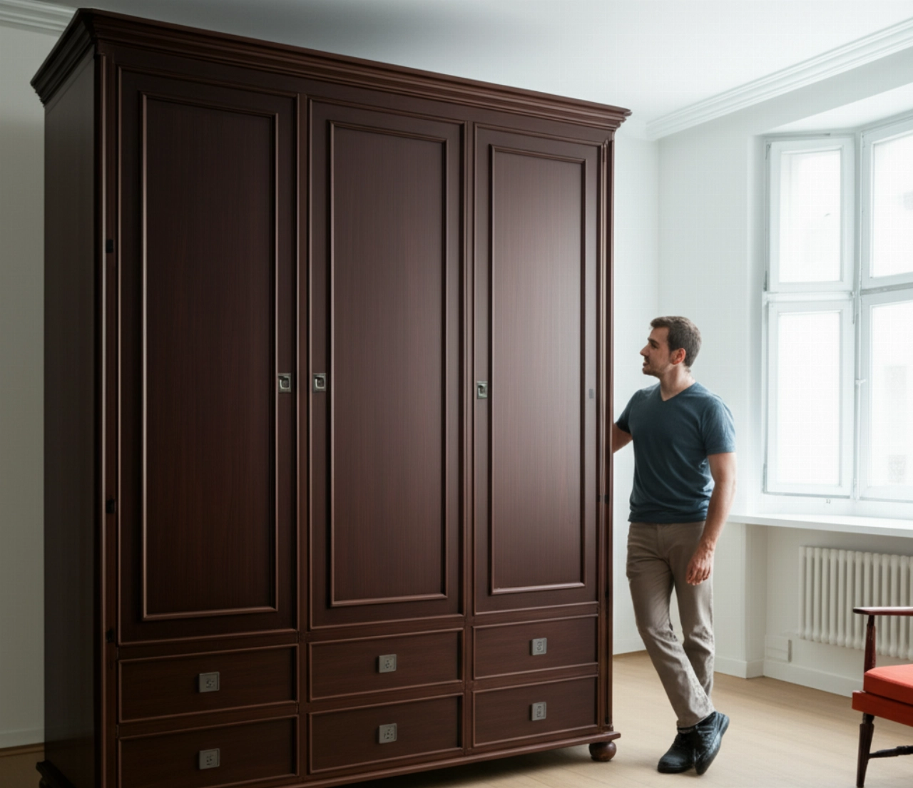 Ein großer Holzschrank ist erfolgreich an seinem neuen Platz positioniert, mit einem zufriedenen kaukasischen Mann daneben.