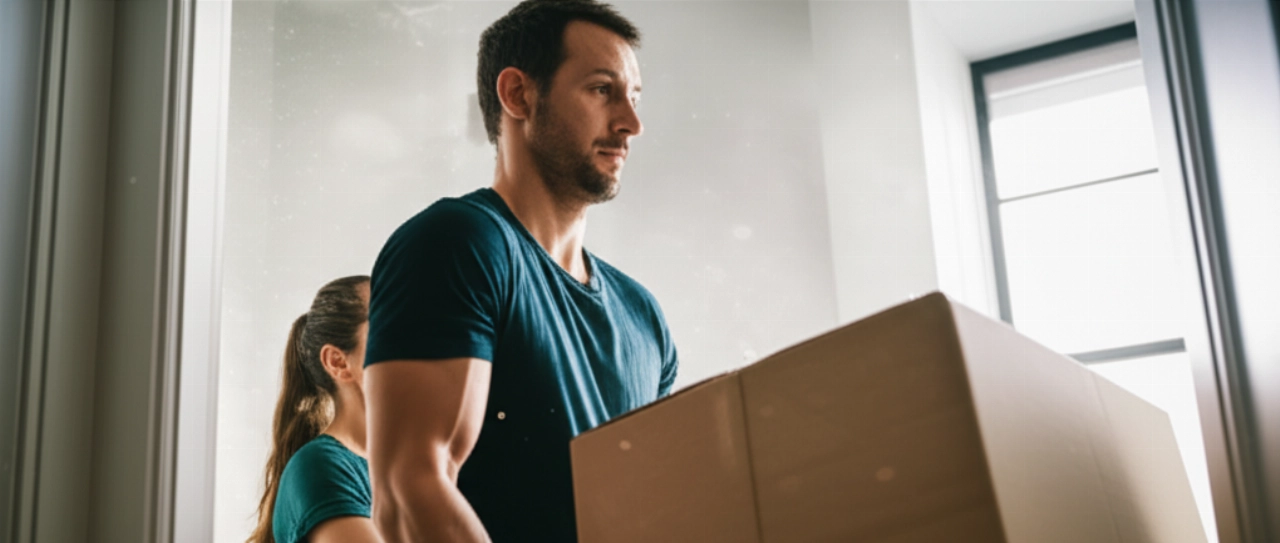 Zwei kaukasische Personen arbeiten zusammen, um eine große, schwere Kiste durch eine Tür zu bewegen.