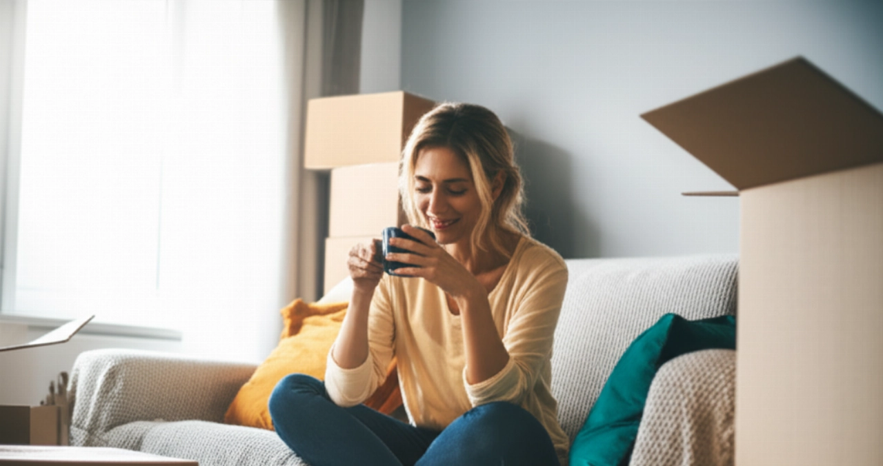 Kaukasische Frau entspannt sich auf einem Sofa in einem neuen, teilweise ausgepackten Wohnzimmer nach dem Umzug.