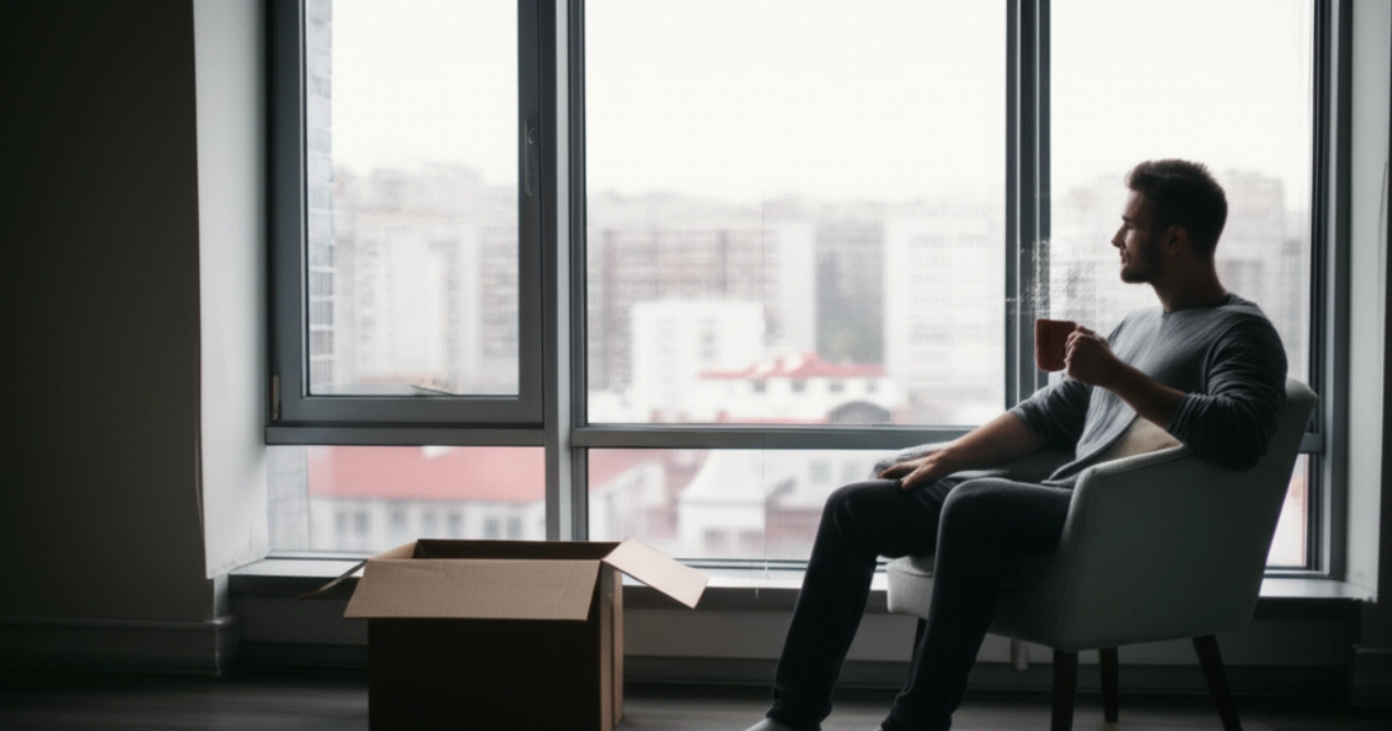 Entspannter kaukasischer Mann in einer fast leeren neuen Wohnung, mit einer Tasse Kaffee, nach einem abgeschlossenen Umzug.