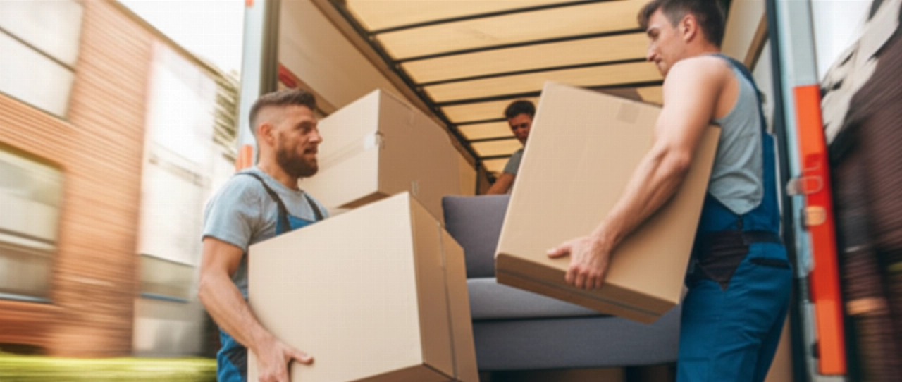 Zwei professionelle kaukasische Umzugshelfer laden effizient Kartons und ein Sofa auf einen Lastwagen, was den Service und die körperliche Anstrengung veranschaulicht.