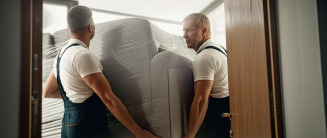 Professionelle kaukasische Umzugshelfer transportieren vorsichtig ein Sofa und zeigen dabei Effizienz.