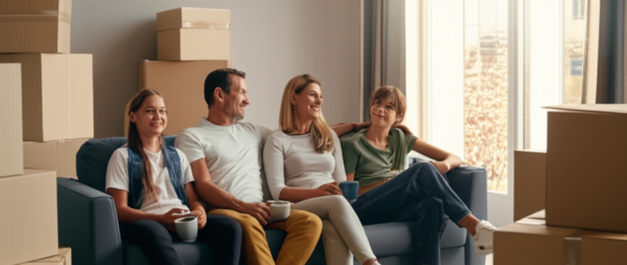 Entspannte kaukasische Familie im neuen Wohnzimmer, umgeben von Umzugskartons, nach einem erfolgreichen Umzug.