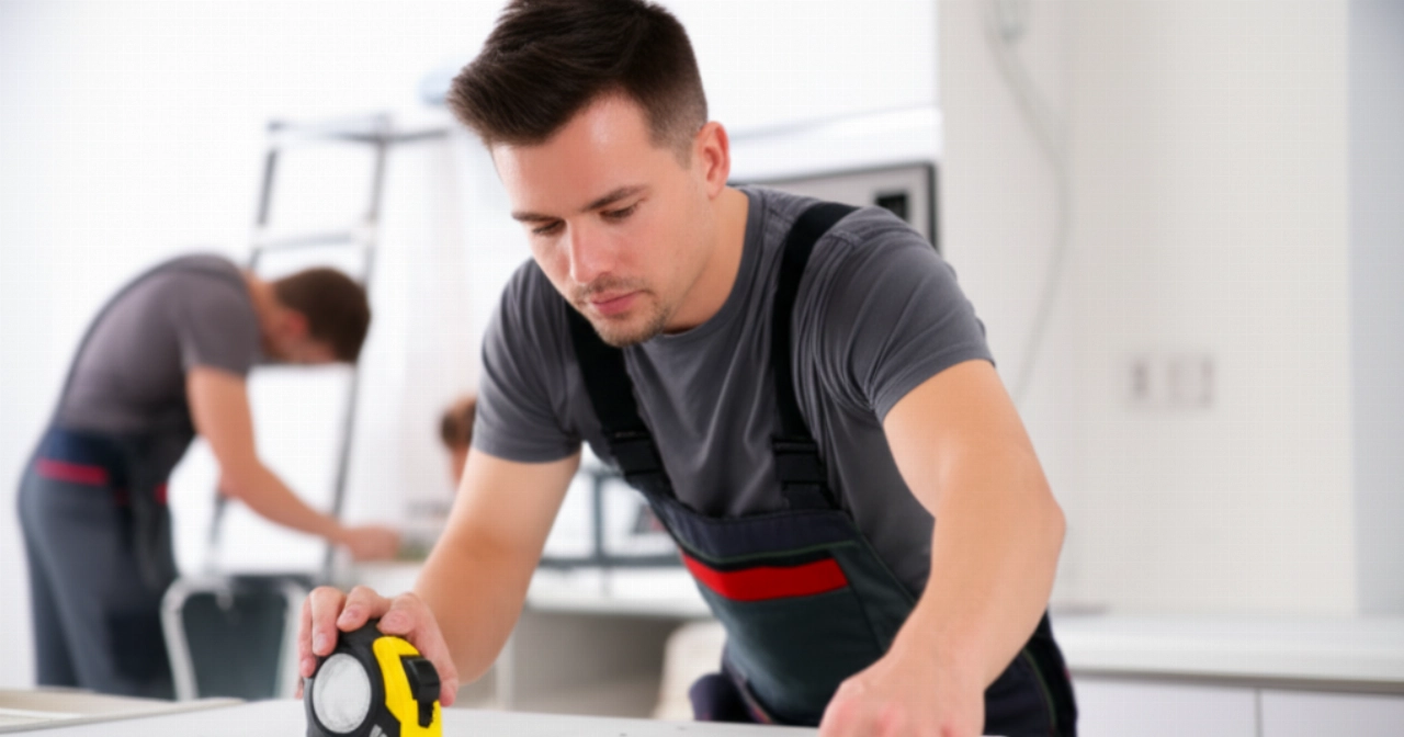 Kaukasische Techniker montieren präzise eine Küche, wobei ein Arbeiter eine Arbeitsplatte misst und ein anderer ein Haushaltsgerät anschließt.