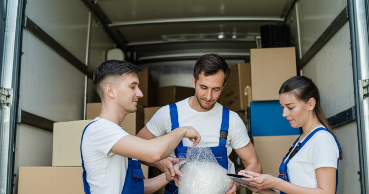 Professionelle kaukasische Umzugshelfer beladen einen LKW, was Effizienz und Sorgfalt beim Ferntransport hervorhebt.