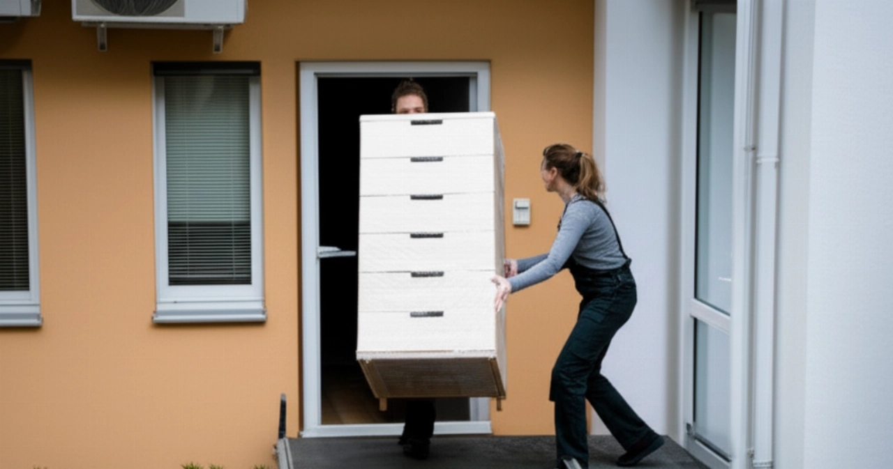 Kaukasische Umzugshelferin, die präzise ein großes Möbelstück von einer externen Umzugsplattform in eine Wohnung entlädt.