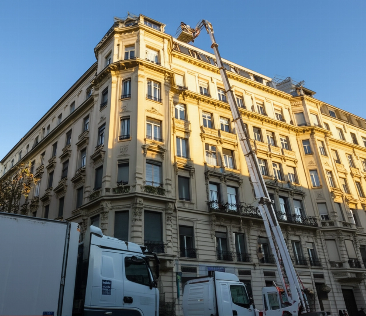 Weitwinkelansicht eines Umzugs mit einer externen Plattform, die eine Wohnung im Obergeschoss eines klassischen europäischen Gebäudes erreicht.