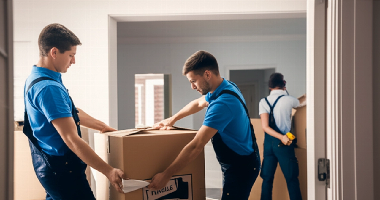 Ein Team von drei professionellen kaukasischen Umzugshelfern kümmert sich um verschiedene Phasen eines kompletten Umzugs, einschließlich Verpackung, Transport und Montage.