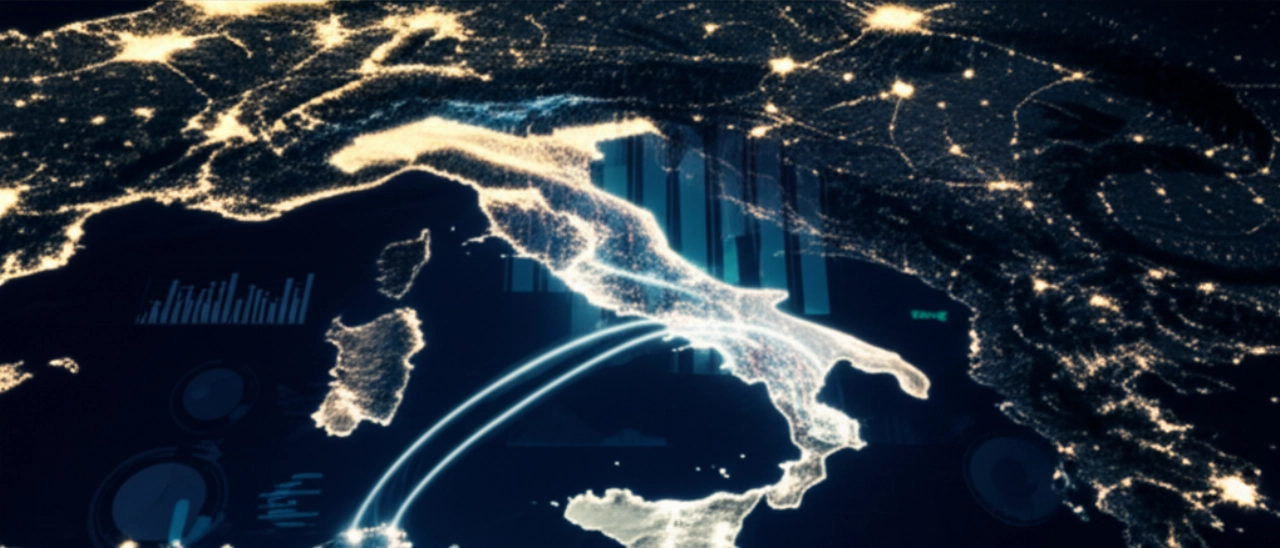 Stilisierte Karte Italiens mit einer beleuchteten überregionalen Umzugsroute und überlagerten Finanzdiagrammen, die Kosten und Entfernung symbolisieren.