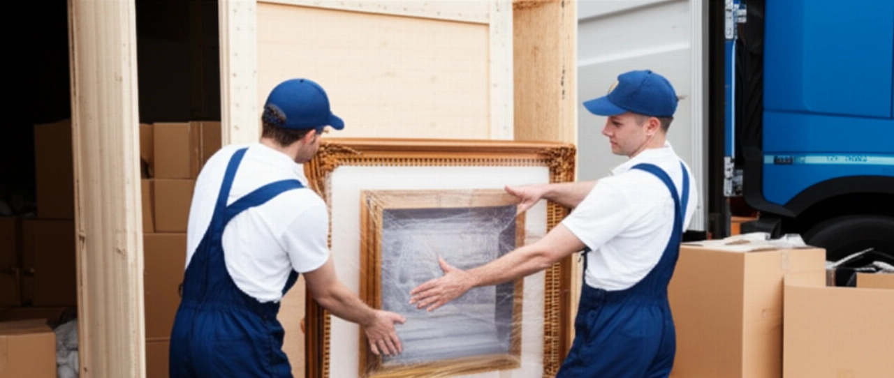 Professionelle kaukasische Umzugshelfer verpacken sorgfältig Gegenstände für einen internationalen Versand, mit Kartons und einem Container im Hintergrund.