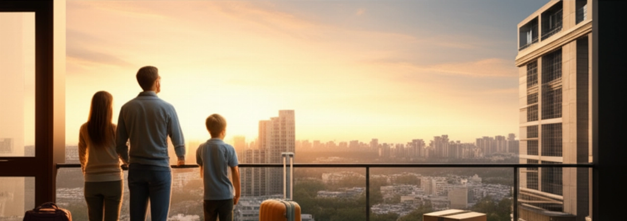 Kaukasische Familie auf einem Balkon, die nach einem internationalen Umzug den Horizont einer neuen fremden Stadt bei Sonnenuntergang betrachtet.