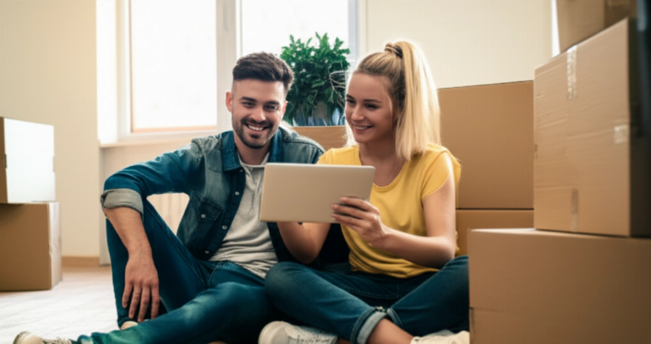 Glückliches Paar in ihrem neuen Zuhause, erleichtert nach einem erfolgreichen und kostengünstigen Möbelumzug.