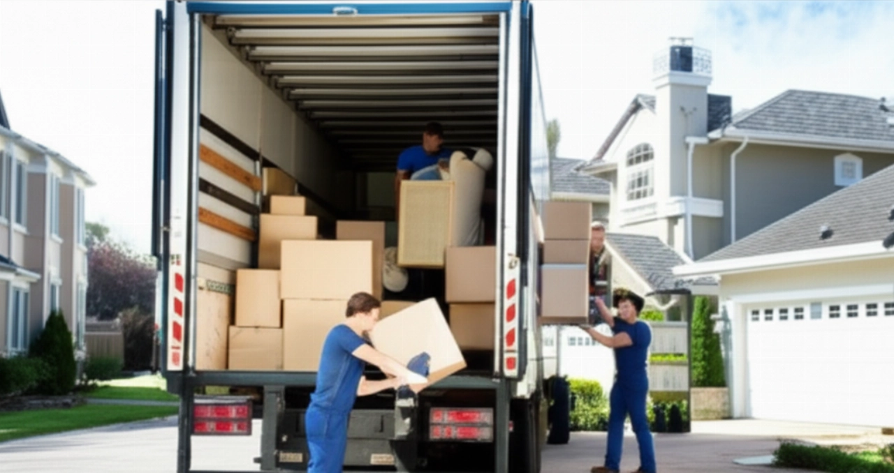 Professionelle Umzugsunternehmen, die Möbel und Kartons effizient auf einen großen Umzugswagen laden und einen umfassenden Umzugsservice demonstrieren.