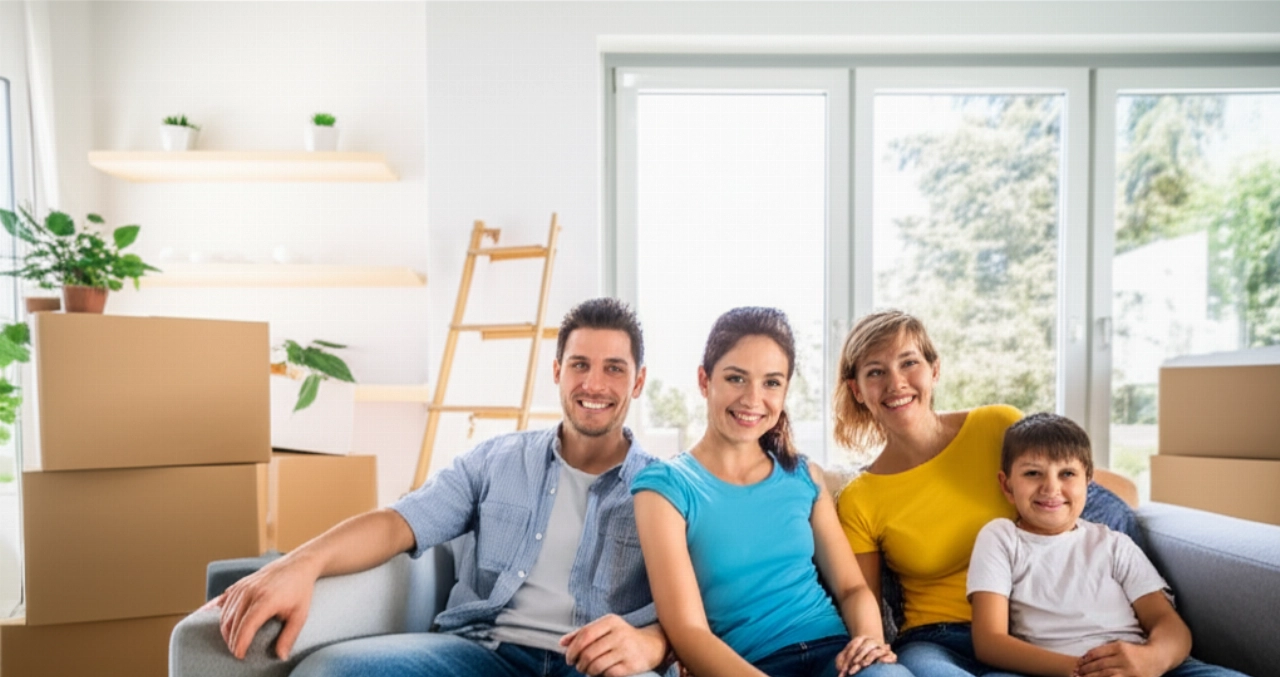 Eine glückliche und entspannte kaukasische Familie in einem neuen Wohnzimmer, mit teilweise ausgepackten Kartons, die den Erfolg eines nationalen Umzugs symbolisiert.