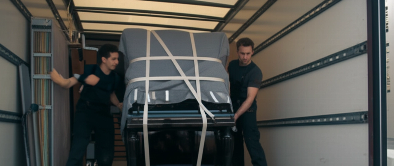 Klavier, eingewickelt in Schutzdecken, wird auf einen professionellen Umzugswagen geladen, was die Vorbereitung für einen sicheren Transport zeigt.