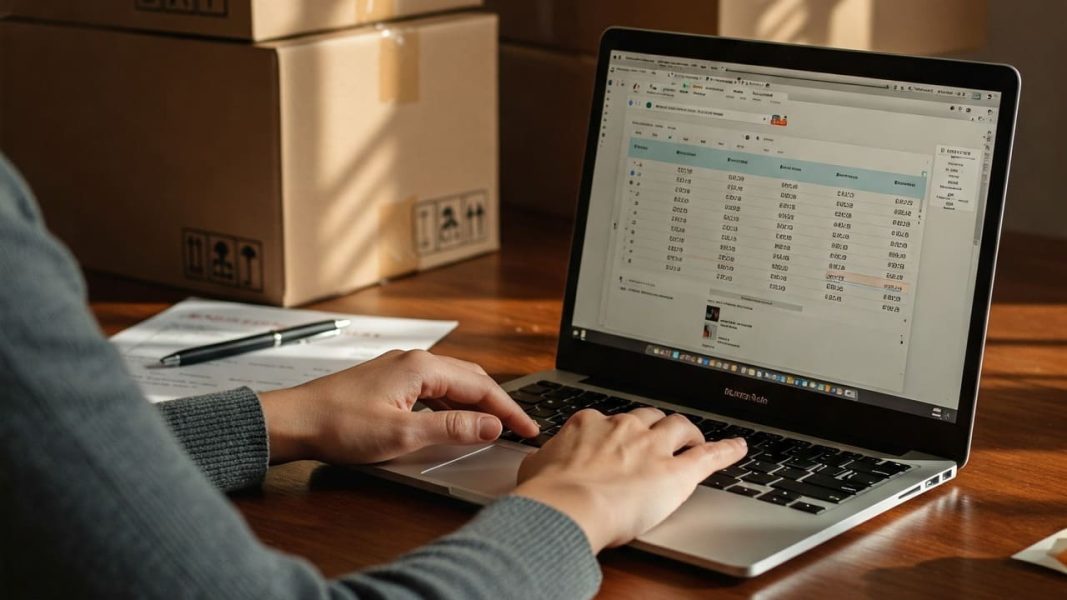 Frau, die online ein Angebot für ihren Umzug anfordert