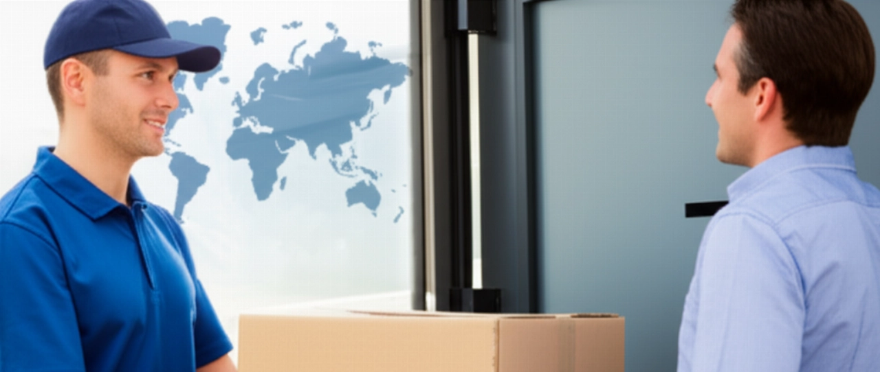 Hyperrealistisches Bild eines kaukasischen Kuriers, der ein Paket an einen lächelnden kaukasischen Kunden in einem modernen Wohnhaus liefert.