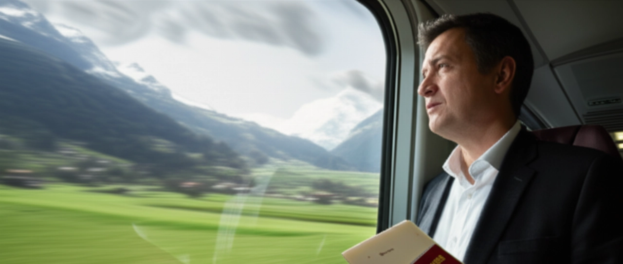 Kaukasischer Mann im Zug mit Reisedokumenten, beobachtet, wie sich die Landschaft von den Schweizer Alpen zur italienischen Landschaft verändert.
