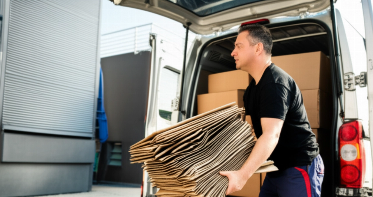 Ein kaukasischer Mann lädt Stapel sauberer, flachgelegter Kartons in den Laderaum eines Lieferwagens, in der Nähe eines Recyclinghofs oder Supermarkts.