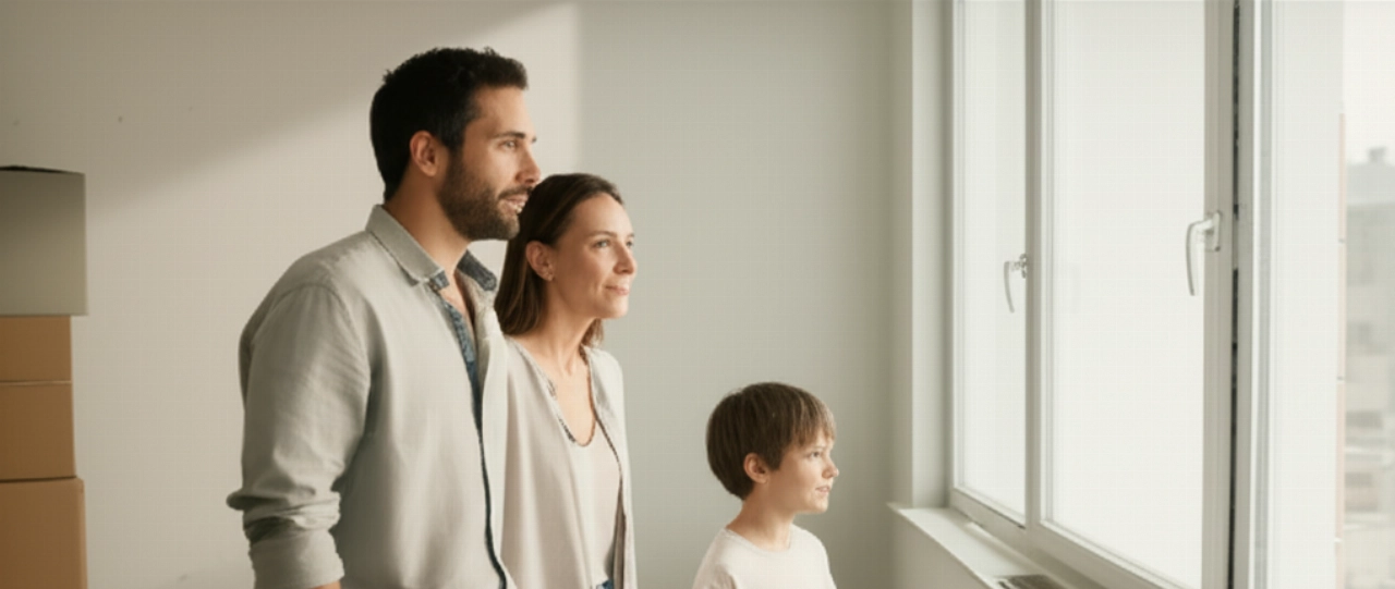 Eine glückliche und optimistische kaukasische Familie in einem hellen neuen Wohnzimmer, mit wenigen Umzugskartons, die einen Neuanfang symbolisieren.