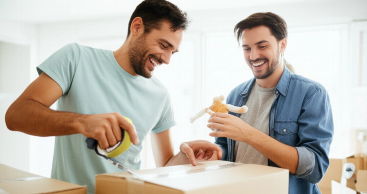 Kaukasisches Paar lacht und arbeitet zusammen beim Packen von Kartons, wodurch der Umzugsstress in eine freudige Aktivität verwandelt wird.