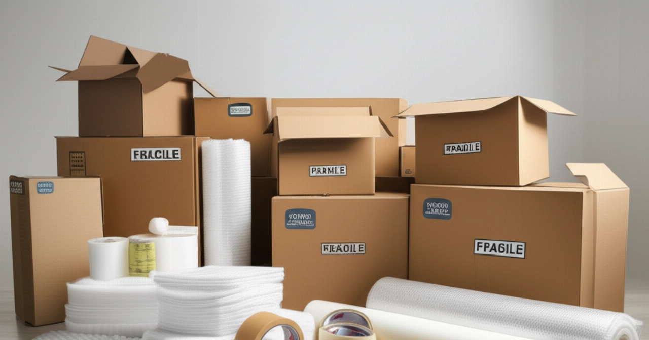 Ein gut sortiertes Sortiment an Umzugskartons, Luftpolsterfolie, Klebeband und anderen Umzugsverpackungsmaterialien.