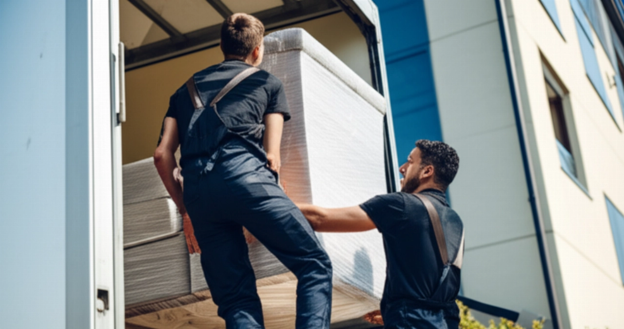Zwei professionelle kaukasische Umzugsmitarbeiter laden ein sperriges Möbelstück auf einen modernen Umzugswagen.