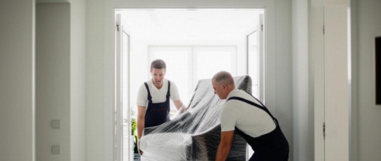 Kaukasische professionelle Umzugsunternehmen, die vorsichtig ein großes, verpacktes Möbelstück in einem Flur handhaben, was Sorgfalt und Effizienz hervorhebt.