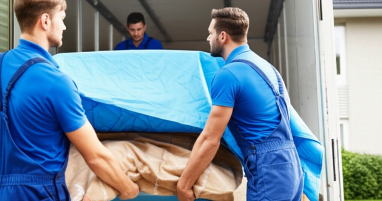 Ein moderner, sauberer Umzugswagen steht vor einem Haus, mit zwei professionellen kaukasischen Umzugshelfern, die sorgfältig ein Möbelstück sichern. Das Bild unterstreicht Präzision und Zuverlässigkeit.
